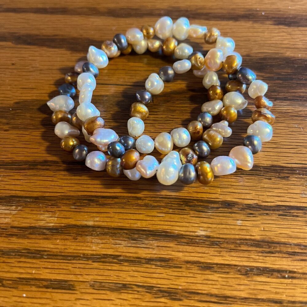 Vintage Fresh Water Pearls Triple Strand Mix Colored Stretch Bracelet